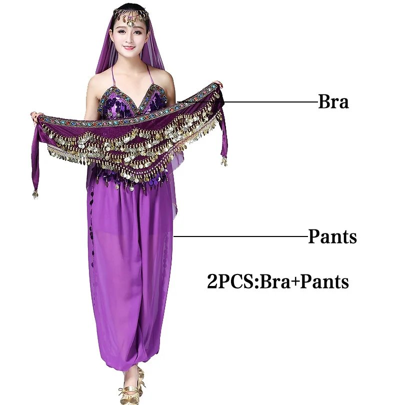 Purple 2pcs Женский Восточный танцевальный костюм с блестками Индийский танец живота Костюмы Болливуд Хэллоуин шифон 10 цветов - Цвет: Purple 2pcs