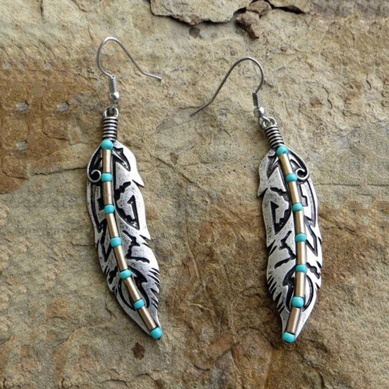 Винтаж Pendientes перо металла серьги Boho индийский голубых бусин в форме листьев Для