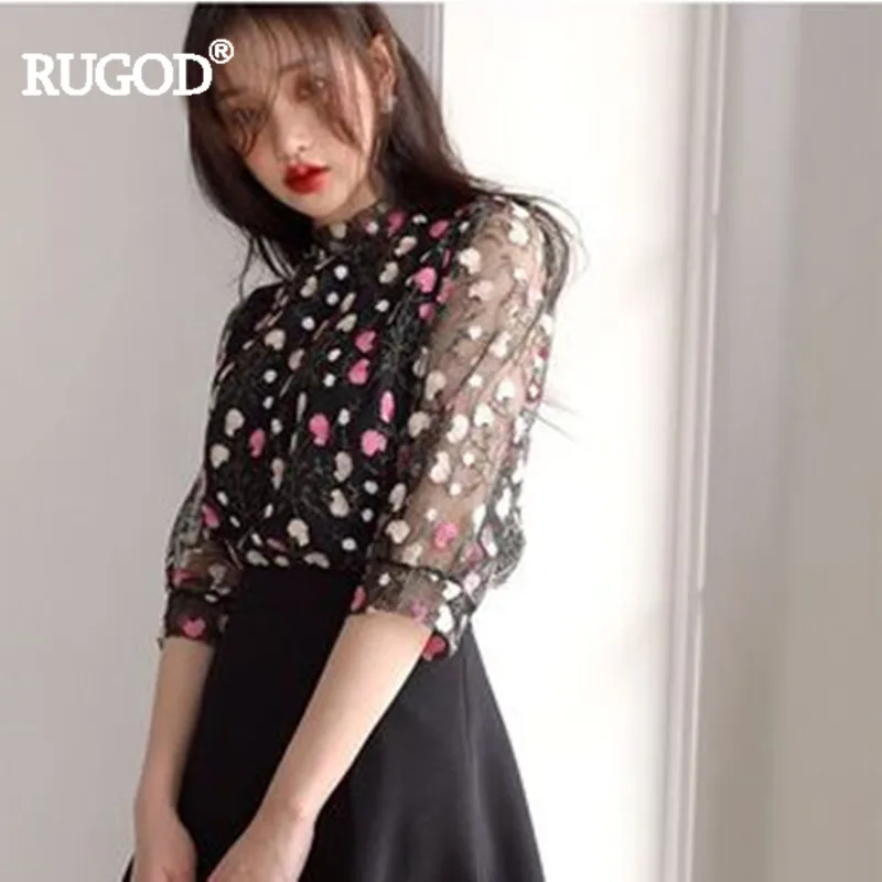 RUGOD 2019 New Spring blouse Lace Print O-neck Office lady Sweet Fashion Female |