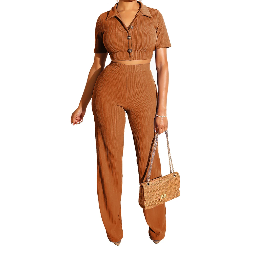 

New Women Knitted V-Neck Short Sleeve Tops High Waist Wide Leg Pants Two Piece
