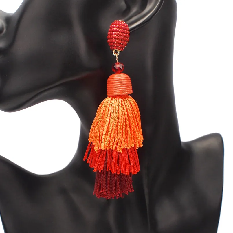 Orange Earrings MANILAI Bohemia 3 Слоистые хлопковые серьги с кисточками, модные ювелирные изделия, многоцветные массивные длинные висячие серьги с бахромой для женщин - Окраска металла: Orange Earrings