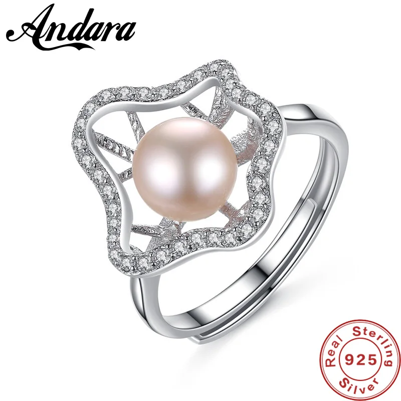 

100% 925 Sterling Silver Rings For Female Natural Freshwater Pearl Clear CZ Ring Fashion Women Wedding Jewelry