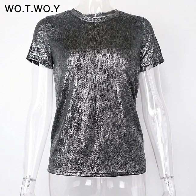 Black WOTWOY, серебряные, блестящие, с люрексом, вязаные футболки, женские,, летние, сексуальные, тонкие, с круглым вырезом, с коротким рукавом, футболки, женские, одноцветные, футболки Harajuku - Цвет: Black