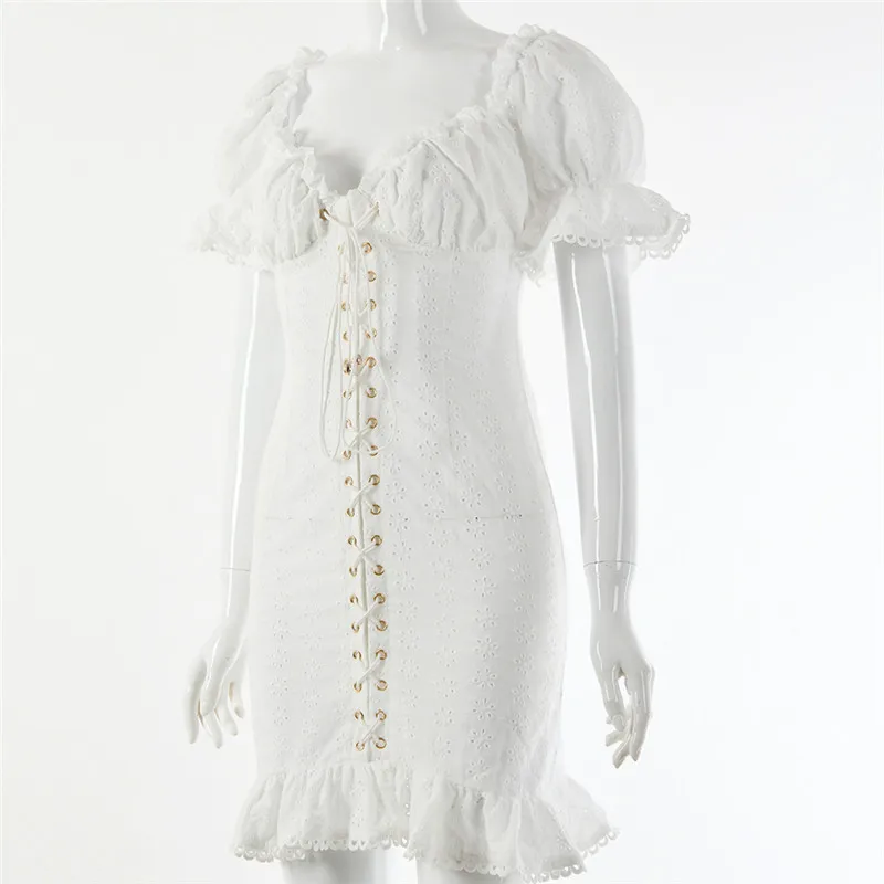 Missufe белое Бандажное хлопковое платье с вышивкой летнее женское пышными рукавами