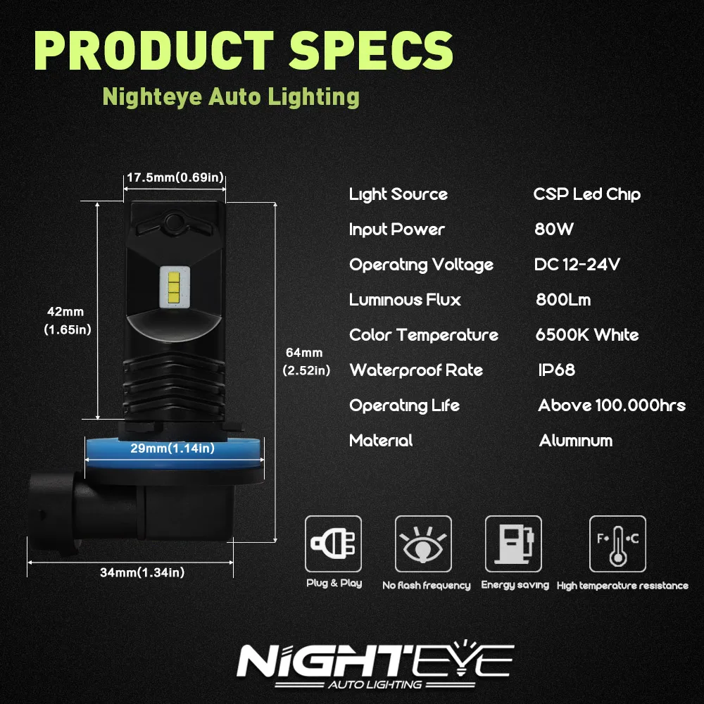 Светодиодные лампы NIGHTEYE H9 6500 лм 80 Вт/комплект К с CSP светодиодными чипами 12 В |