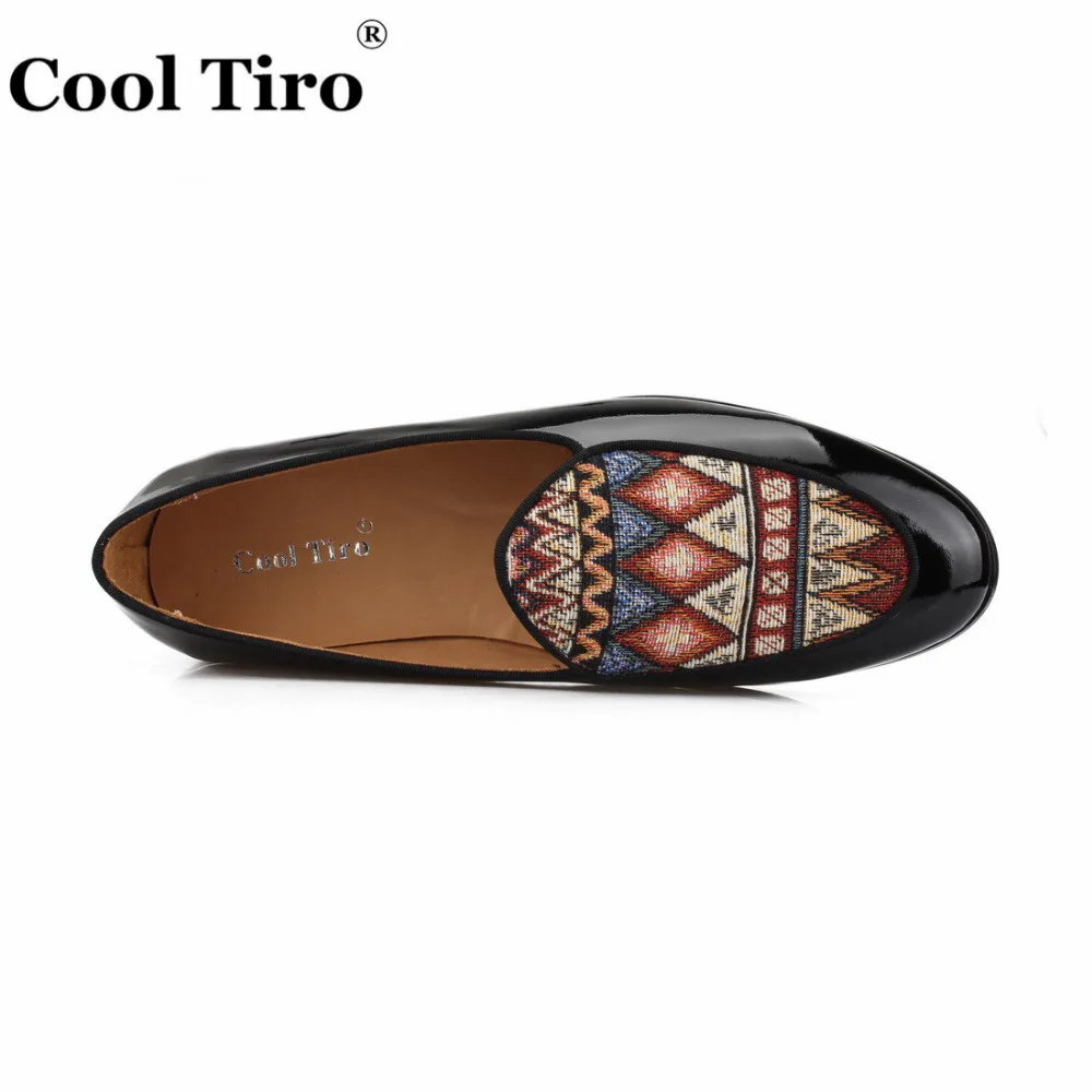 COOL TIRO new black Patent Leather stitching with Ethnic style pattern canvas loafers Banquet Wedding dress slip-on men shoes | Обувь