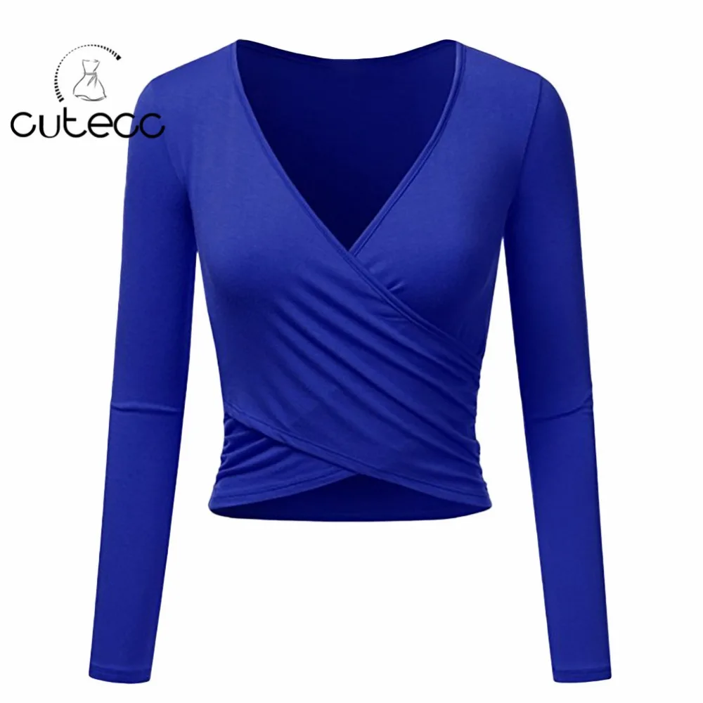 Летние повседневные топы женские с длинным рукавом крест-накрест wrap slim fit