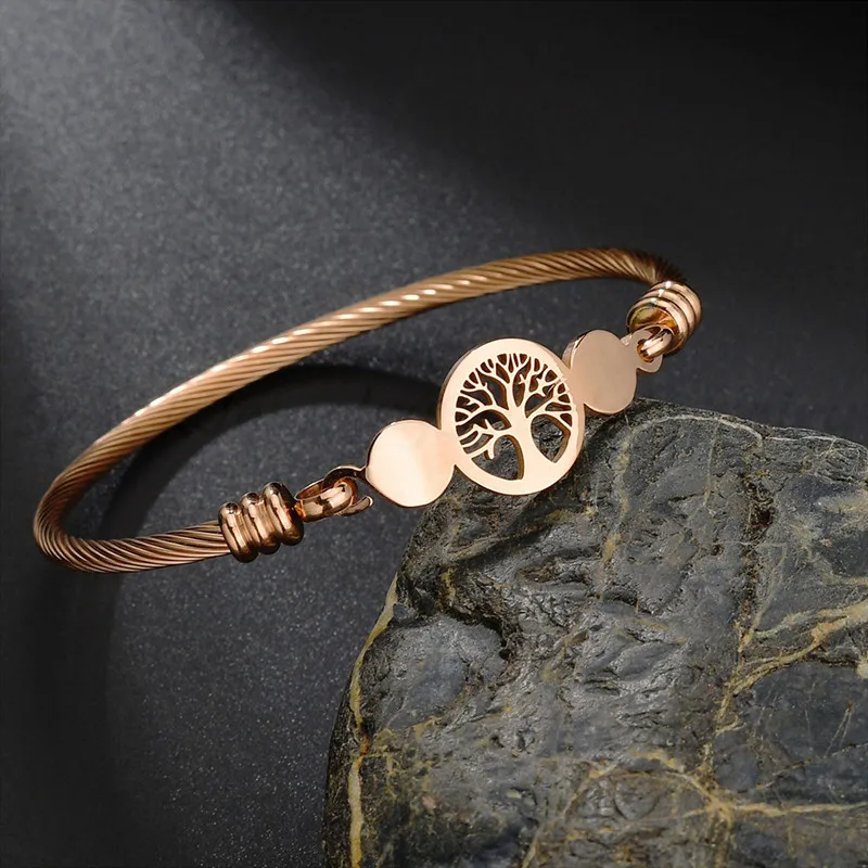 Rose Gold Искра полое Дерево жизни браслеты с подвесками 3 цвета из нержавеющей стали браслеты для женщин девушке подвески ювелирные изделия подарок на день рождения Pulsera - Окраска металла: Rose Gold