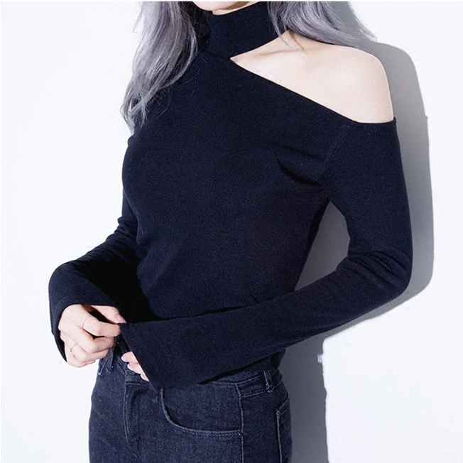 Spring Autumn Women Knitting Jumper Pullover Black Long Sleeve Half Collar Chunky Choker Sexy Sweaters Knitted pull femme | Женская