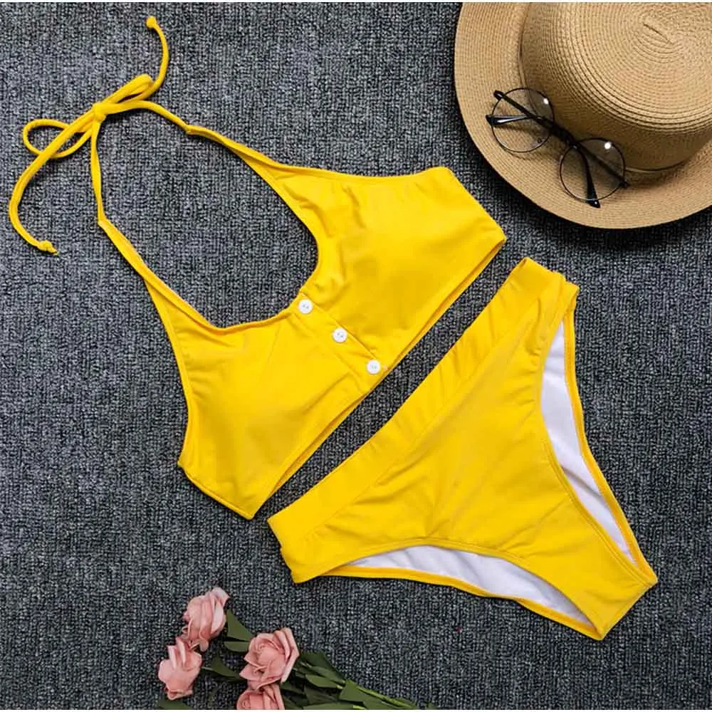 FS желтый черный белый красный купальник женский на завязках бикини с высокой