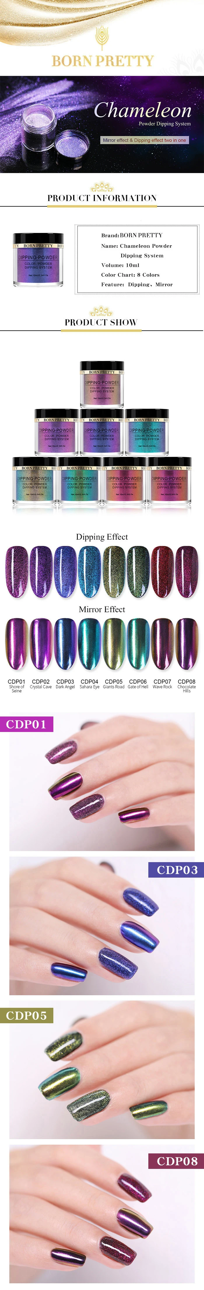 Born pretty, хамелеон Dip Nail порошок Сияющий голографический блеск зеркало погружение градиент Французский ногтей натуральный сухой маникюр