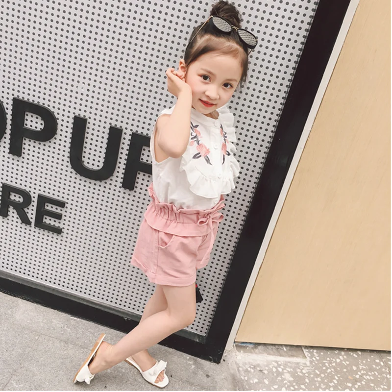 Girls Clothing Sets 2018 New Summer Sleeveless T-shirt+Shorts 2pcs Clothes Set Floral Blouse Costume Crianca Roupas | Детская одежда и