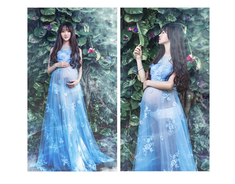 

sinyuer cat Transperant Blue Maternity Long lace Dresses Pregnant Photography Props Fancy Pregnancy Beach Flower Blue Dress