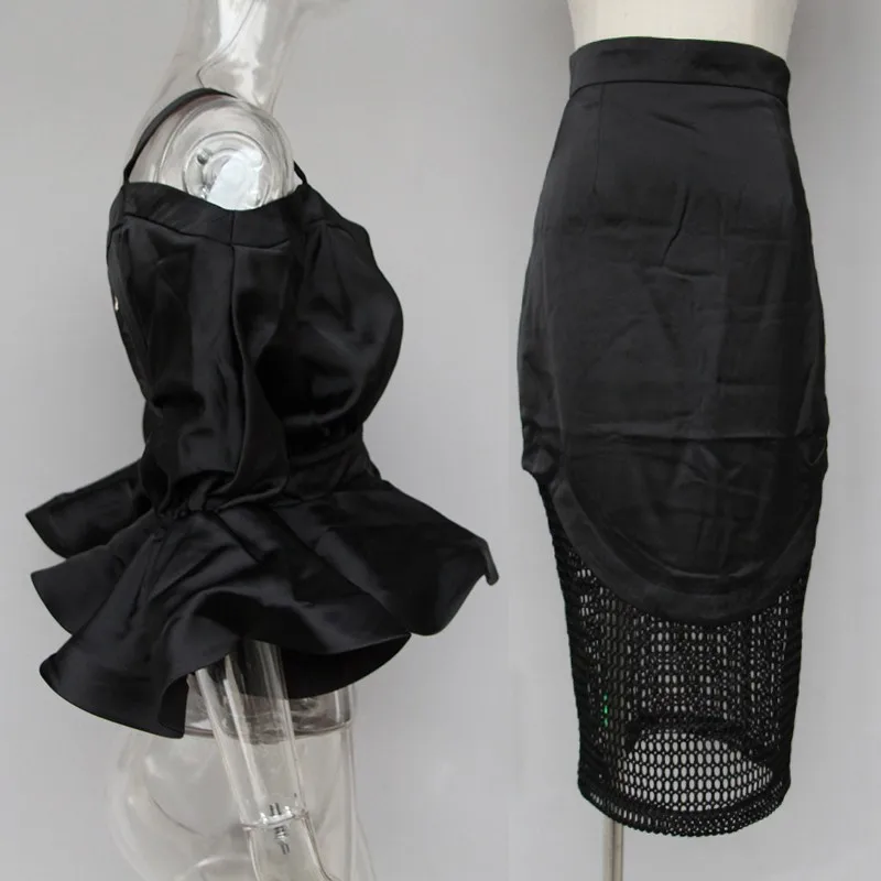 Black Suits TWOTWINSTYLE юбка женский летний костюм с открытыми плечами расклешенный рукав рюшами Короткая с высокой талией облегающая юбка миди наборы для женщин - Цвет: Black Suits