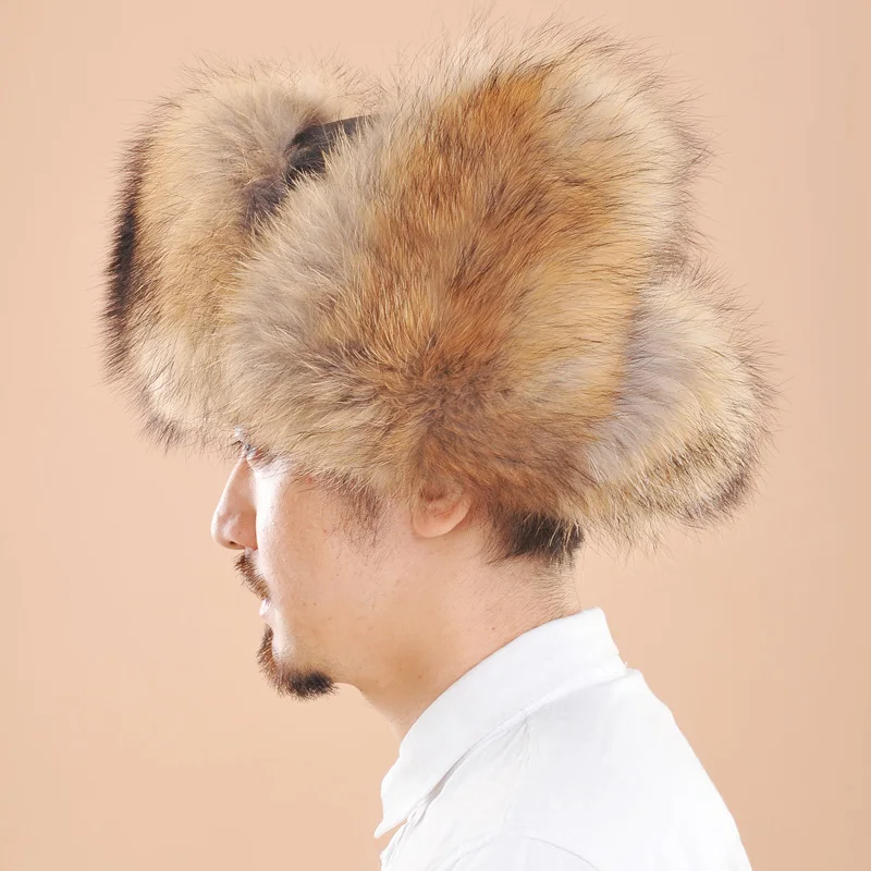 Мужская шапка бомбер из натуральной кожи с лисьим мехом теплая зимняя ушками