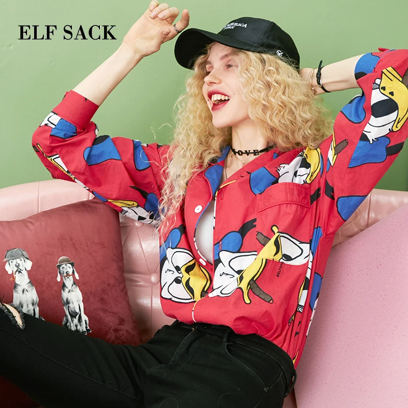 ELFSACK, осенняя новинка, модная женская рубашка, хлопок, повседневная, с принтом утки, шифоновая блузка, женская рубашка с отложным воротником, женская рубашка