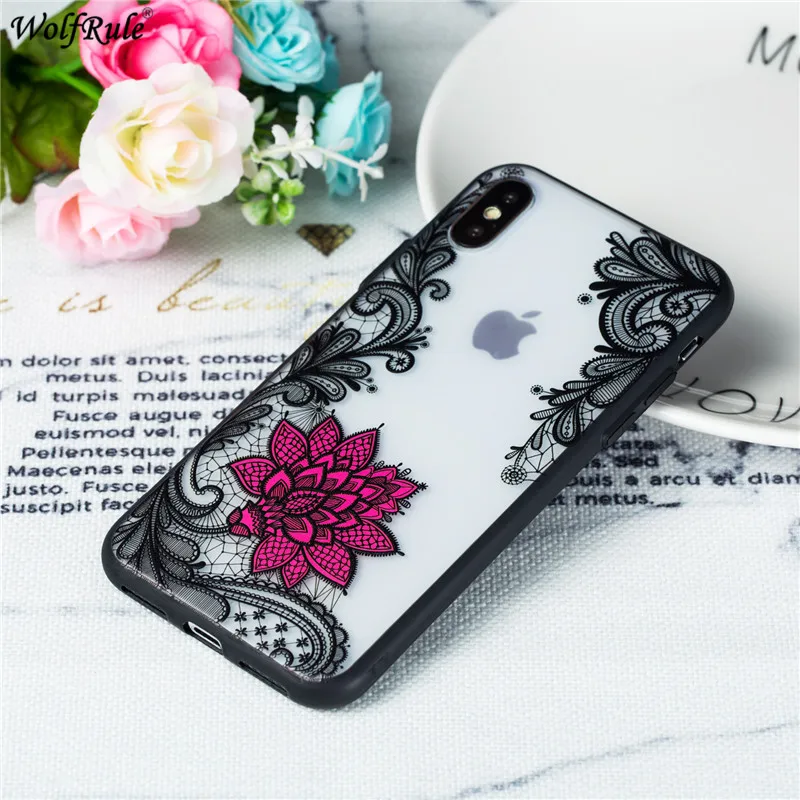 Крышка корпуса ля iPhone X WolfRule TPU и PC тисненые кружева Роза шаблон бампер телефона