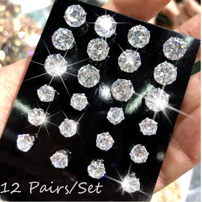 12 Pairs Hot Sale Fashio Six Claws Simple Earring Classic Crystal Zircon Rhinestone Stud for Women Wedding Ear Jewelry | Украшения и