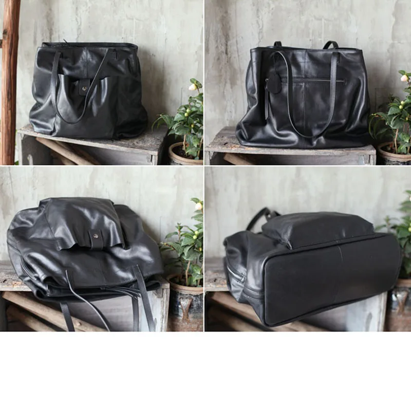 AETOO New Korean black top layer soft cowhide multi-layer women's bag large-capacity shoulder vintage leather tote | Багаж и сумки