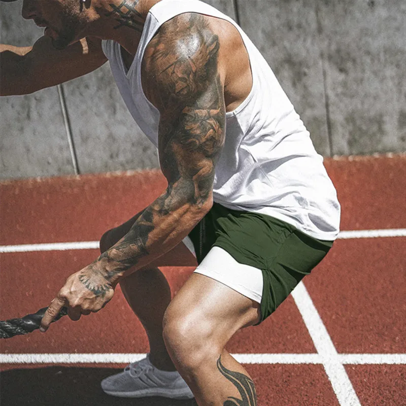 Double Layer Shorts Men Quick-drying Breathable Running Camouflage Men Shorts Sports Training Fitness Short Pants Built-in pocke