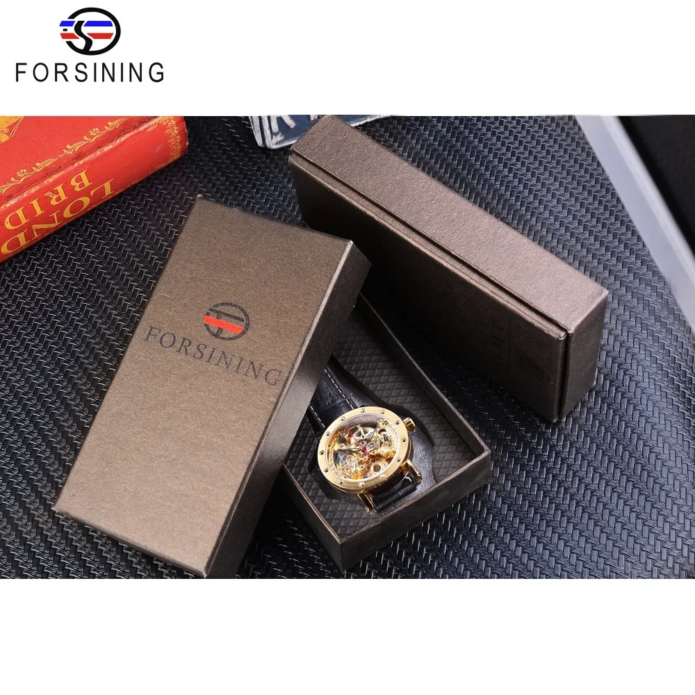 

Forsining Luxury Golden Skeleton Watches Black Genuine Leather Openwork Clock Waterproof Mens Automatic Watches Top Brand Luxury