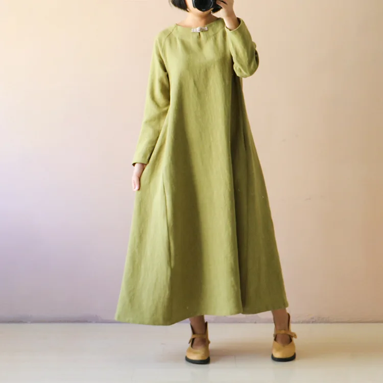 Spring Autumn New Original Design National Wind Solid Color Cotton Dress Long Section Large Size Retro Plate Button | Женская одежда