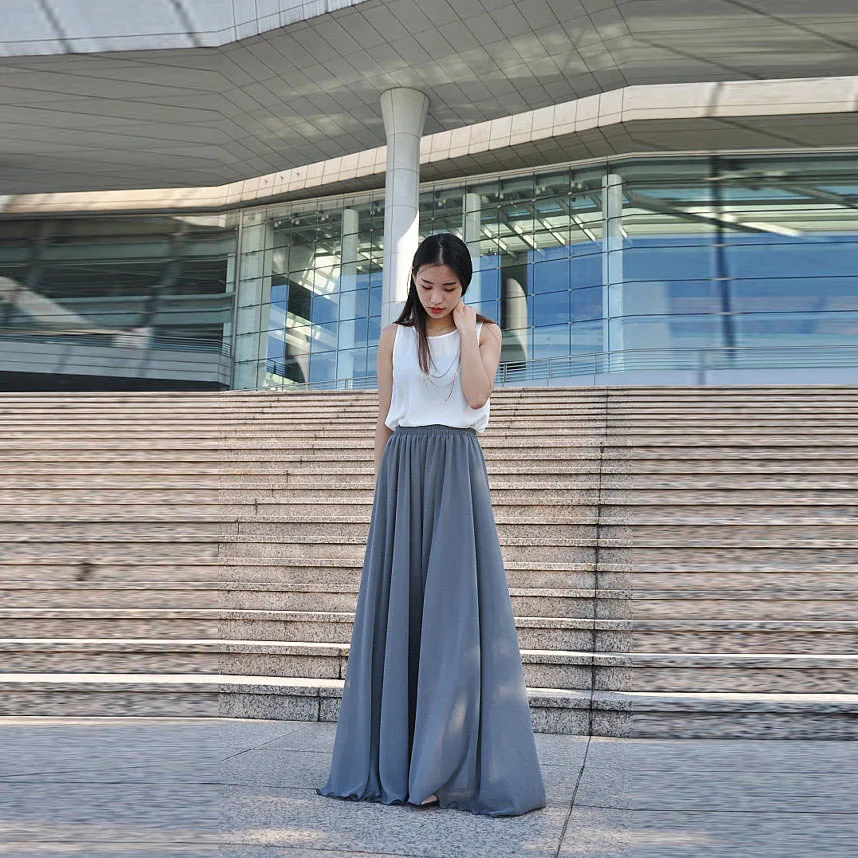 Простая серая шифоновая юбка эластичная талия а-силуэт в пол длинная юбка-макси
