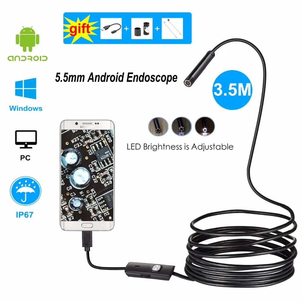 5 мм объектив Android OTG USB эндоскоп Камера 2 м смартфон на базе бороскоп инспекционная