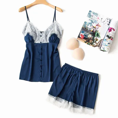 navy blue 2pcs Daeyard, женские шелковые пижамы, 4 шт, пижамные комплекты, одежда для сна, Сексуальная кружевная отделка, для сна, для отдыха, v-образный вырез, халат, пижама, весна-лето, домашняя одежда - Цвет: navy blue 2pcs
