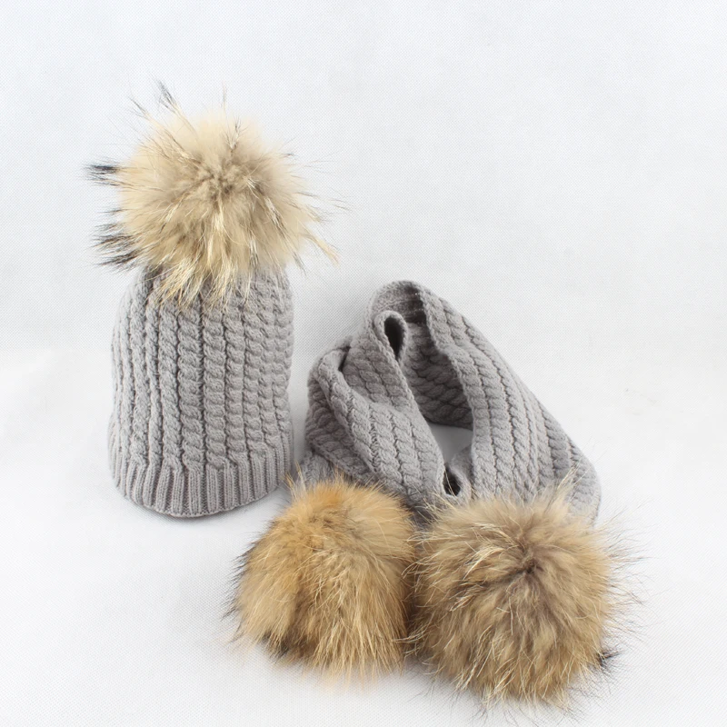 Зимняя детская шапка и шарф с помпоном из натурального меха Детская вязаная