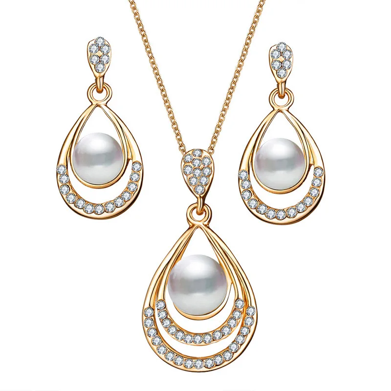 Мода Золото Цвет капли воды имитация жемчуга кристалл ожерелье серьги-пуссеты