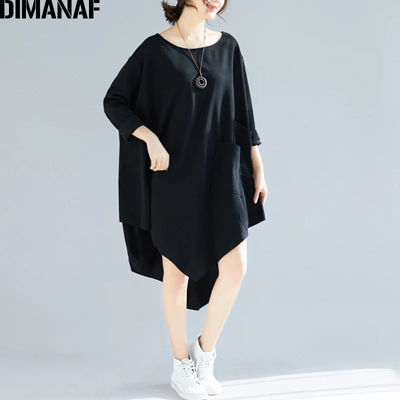 Женское длинное свободное платье DIMANAF повседневный Однотонный сарафан черного