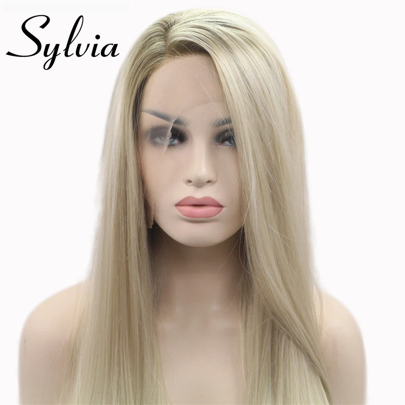 Sylvia Ombre Blonde Glueless парики на кружеве 2 тона цвет КОРИЧНЕВЫЙ корни боковая часть длинные прямые термостойкие синтетические женские волосы