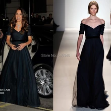 Платья Kate Middleton, ТРАПЕЦИЕВИДНОЕ ПЛАТЬЕ с открытыми плечами, v-образным вырезом, коротким рукавом, темно-синее, с рюшами, длина до пола, Тюлевое платье знаменитостей K11