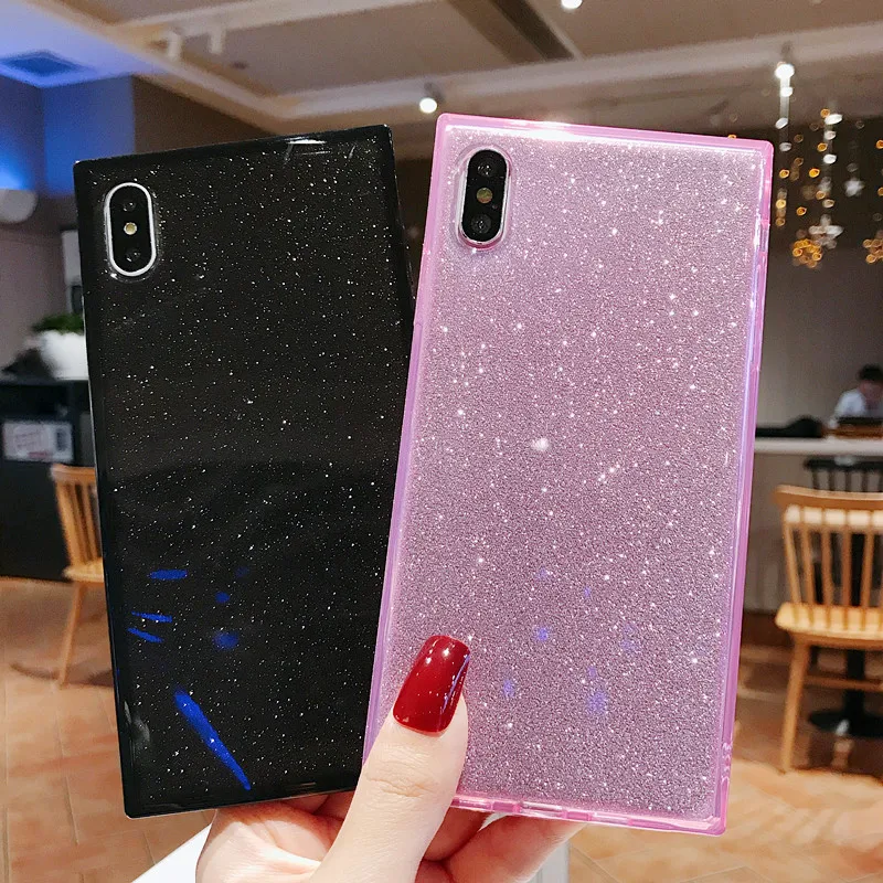 Square Shining Glitter Powder diamond Phone Case For iPhone X XR XS Max 8 7 Plus 6 6SPlus Transparent Soft Shockproof Back Cover |