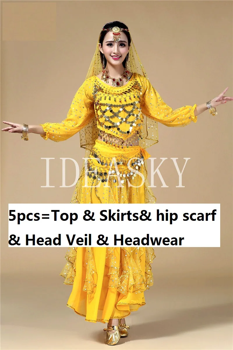 yellow5pcs Набор костюма для танца живота бюстгальтер юбка Топ Восточный Болливуд танцевальный костюм s для женщин взрослых размера плюс танец живота профессиональное платье - Цвет: yellow5pcs