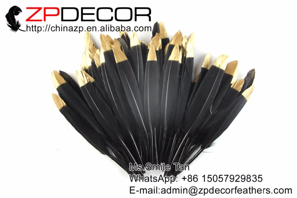 

ZPDECOR 10-15cm(4-6inch) 100pieces Carefully Crafted Black and Metallic Gold Tip Duck Feather for Carnival Decoration Feathers