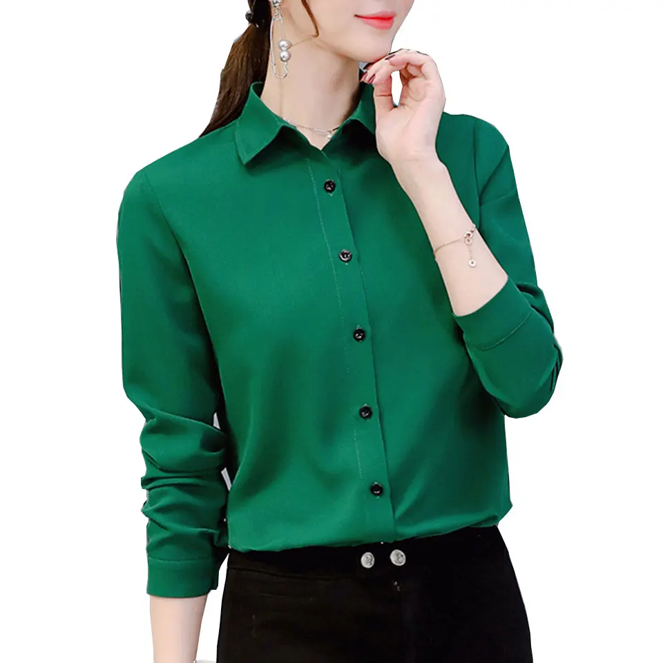 Осенняя женская шифоновая блузка белая рубашка 2019 корейские однотонные офисные