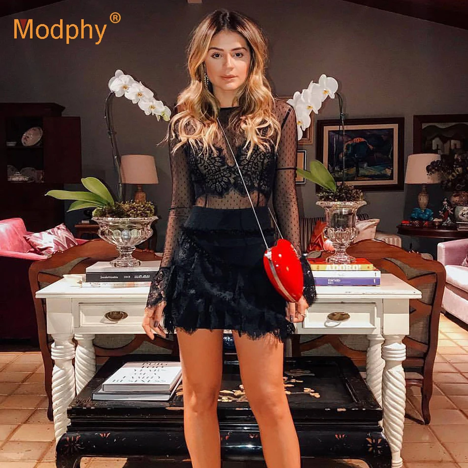 2018 зимнее Новое Бандажное платье Черное женское с длинными рукавами и круглым