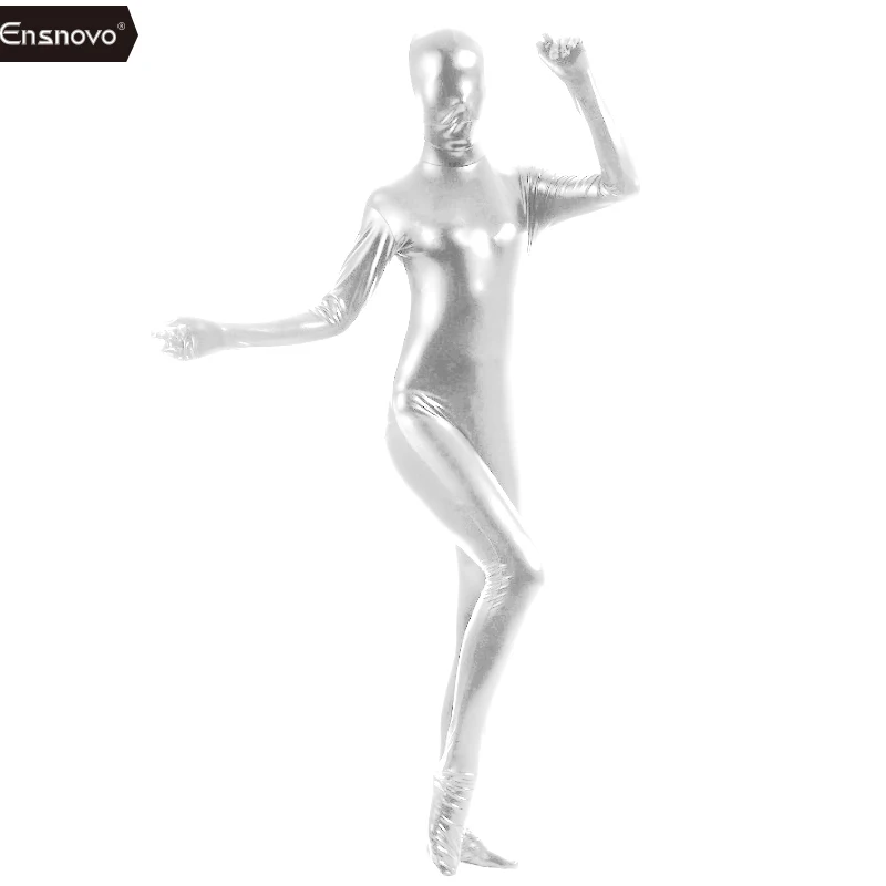 Ensnovo комбинезон Женщины Zentai телесный полный боди черный блестящий металлик Zentai косплей костюм дешевый комбинезон из лайкры Unitard - Цвет: White