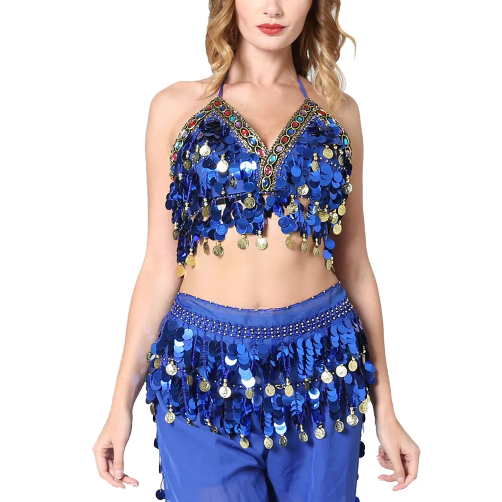 Женский костюм для танца живота сексуальный топ с лямкой на шее платье блестками