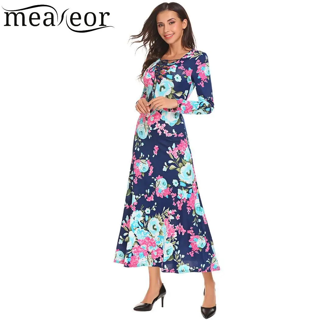 meaneor Loose Fashion V-Neck Long Sleeve Floral Women Maxi Dress | Женская одежда