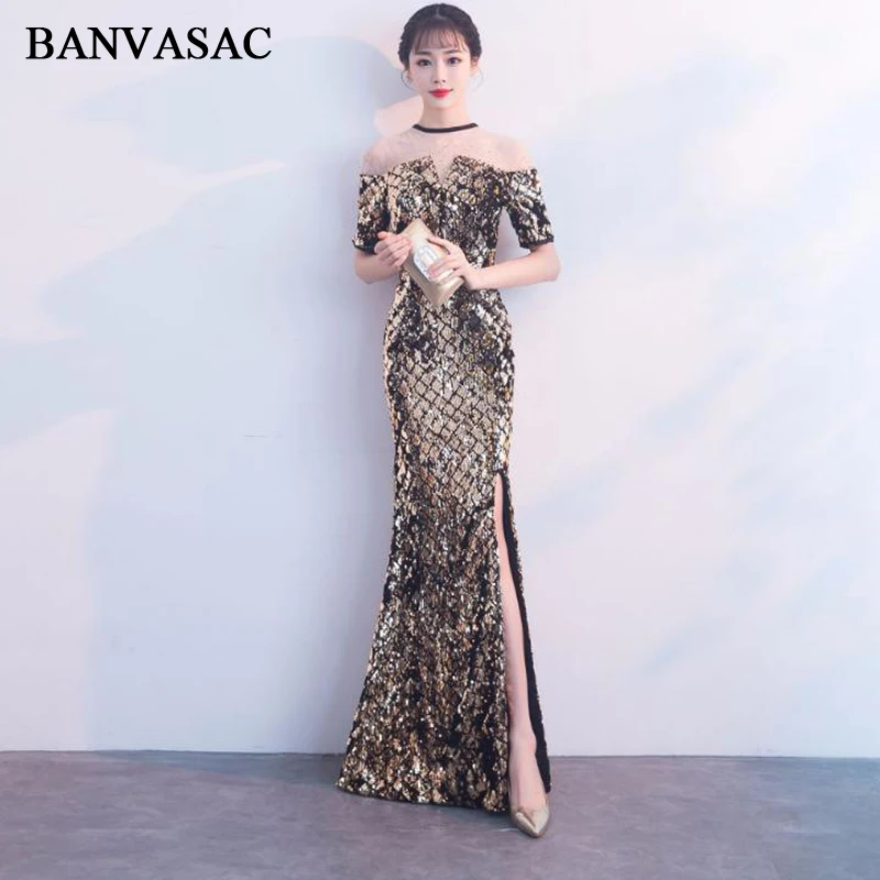 BANVASAC 2018 Иллюзия Кристалл Круглый вырез блестки разрез Русалка Длинные вечерние