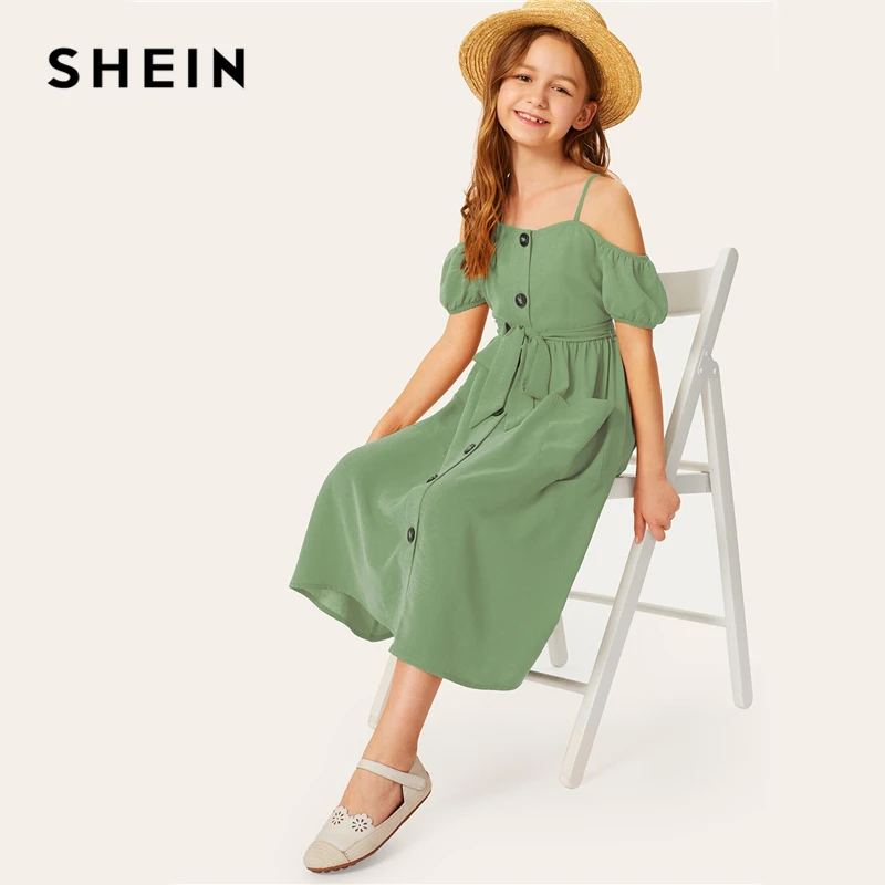 SHEIN/детское однотонное платье для девочек с открытыми плечами и одной пуговицей спереди, с поясом, платье в стиле бохо,, летние платья миди с короткими рукавами для отдыха