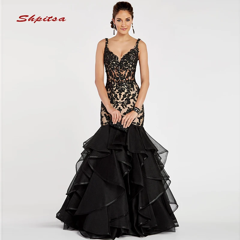 

Black Long Lace Evening Dresses Mermaid Party Sexy Beaded Plus Size Ladies Women Formal Dresses Evening Gown