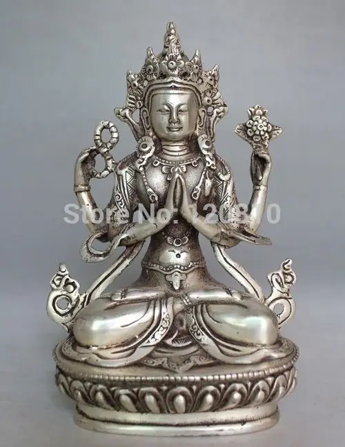

660005Tibet Buddhism Silver Bodhisattva Four-armed Avalokiteshvara Buddha Statue