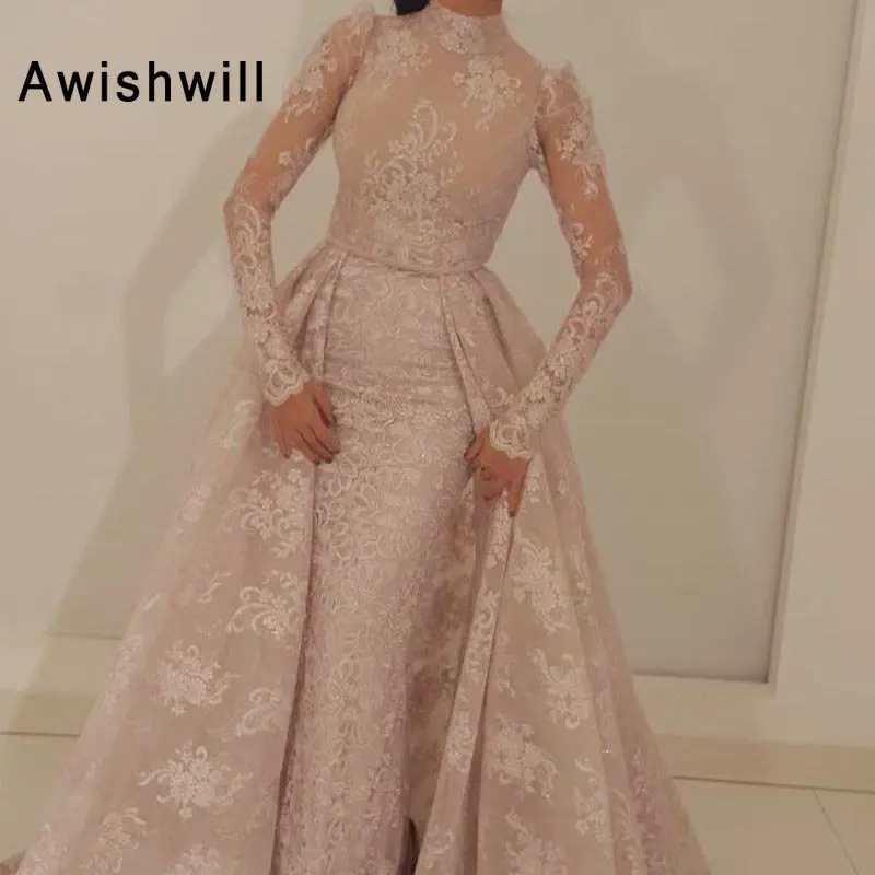 Фото Женское вечернее платье-русалка, Длинное Элегантное мусульманское платье с высоким воротником и длинными рукавами, длинное кружевное вече... №2