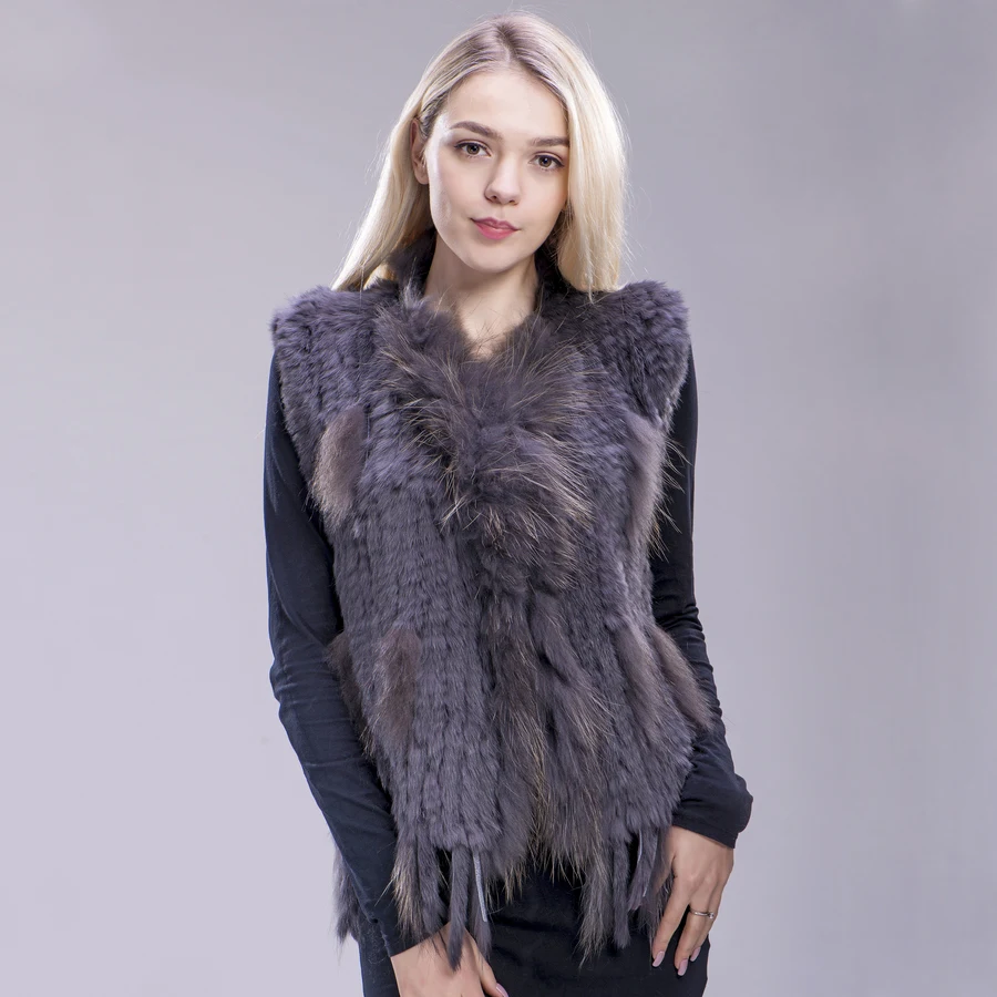 dark grey ZDFURS* Новая цветная Женская жилетка из натурального кроличьего меха с кисточками и воротником из меха енота,, Прямая поставка - Цвет: dark grey