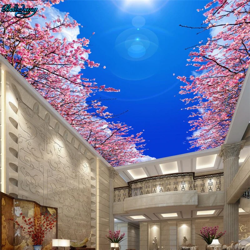 

beibehang Large custom wallpaper beautiful atmosphere blue sky white clouds cherry ceiling roof zombie decoration