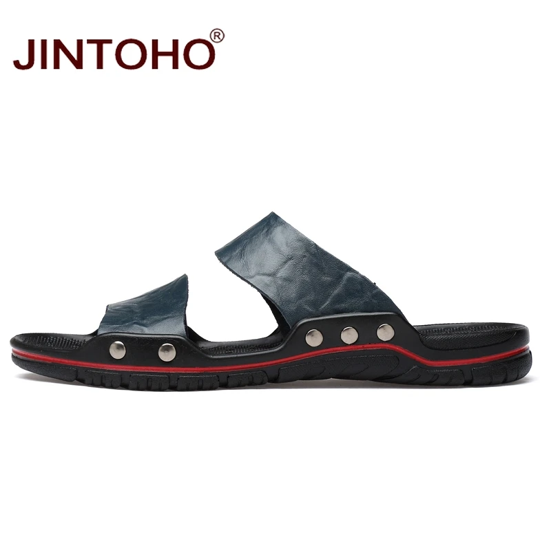 JINTOHO/мужские шлепанцы из натуральной кожи большого размера; модная летняя обувь; повседневные кожаные тапочки для мужчин; дешевые пляжные Тапочки